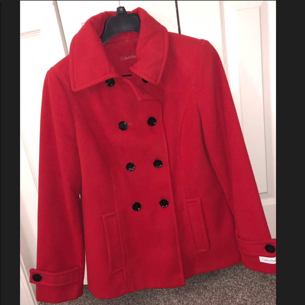 Red Calvin Klein pea coat